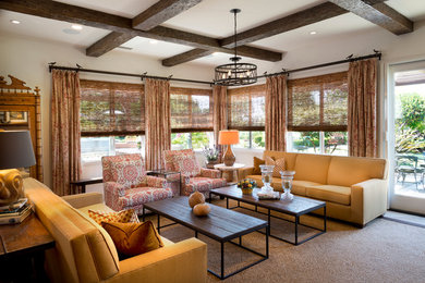 Inspiration for a large traditional open concept family room in Los Angeles with white walls and carpet.