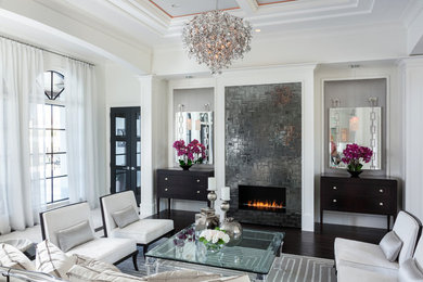 Inspiration for a large transitional formal living room in Miami with a ribbon fireplace.