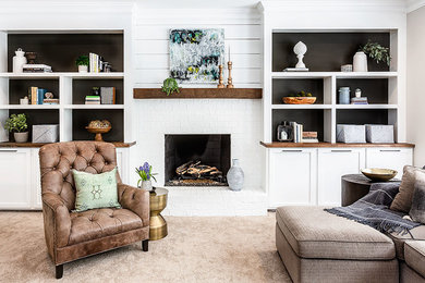 Example of a mid-sized transitional open concept carpeted and beige floor family room design in Richmond with black walls, a standard fireplace and a tile fireplace