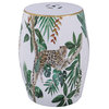 18" Ceramic Accent Table, Drum Shape, Tropical Print, White, Green