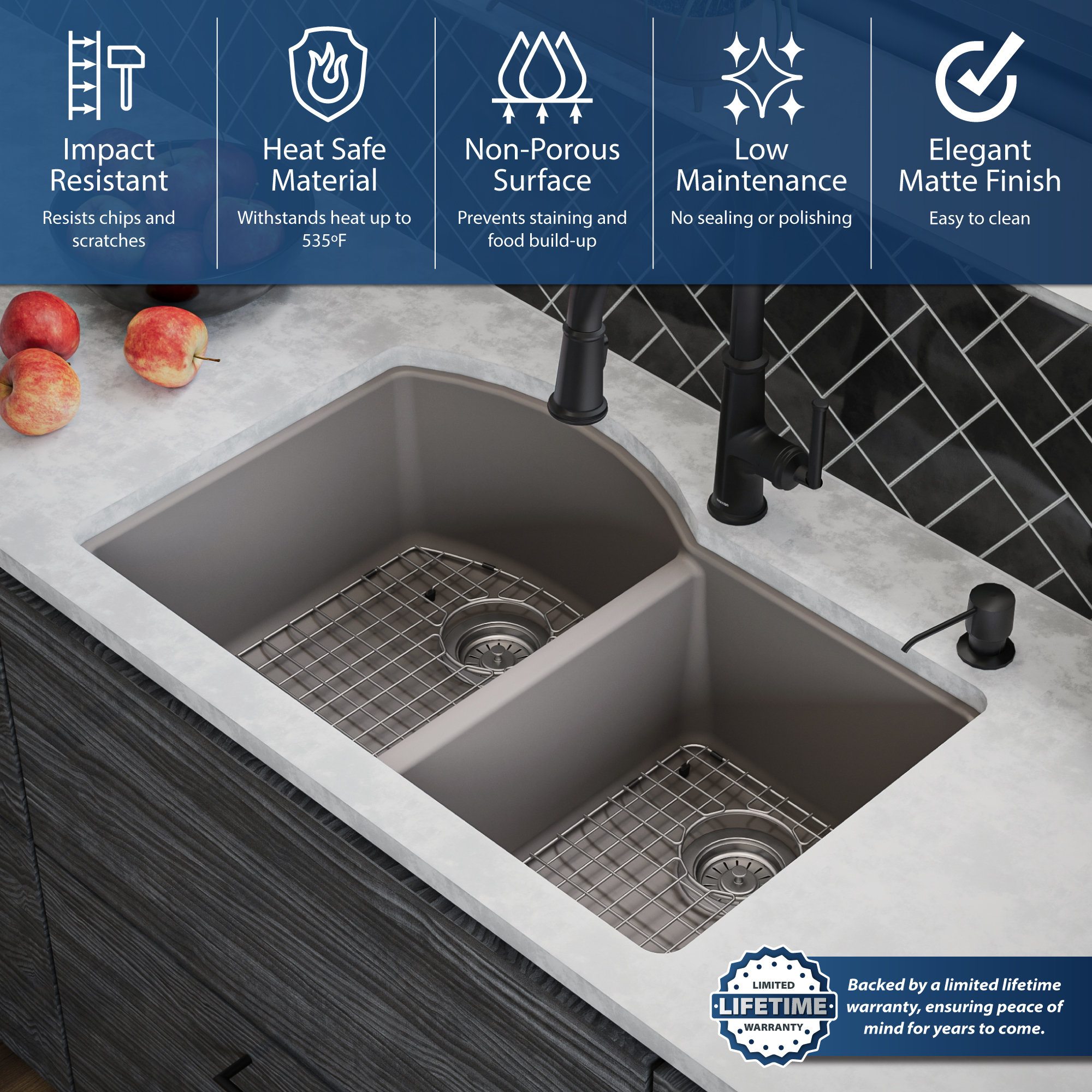 Karran Undermount Quartz 32" 60/40 Double Bowl Kitchen Sink Kit, Concrete