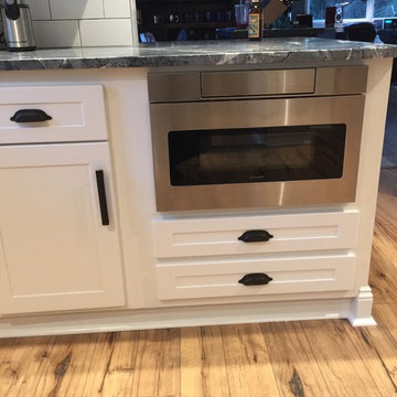 cabinet refacing-- white with soapstone countertops and subway tile backsplash