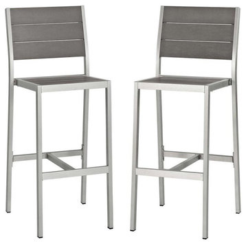 Modway Shore 29.5" Aluminum & Wood Patio Bar Stool in Gray and Silver (Set of 2)