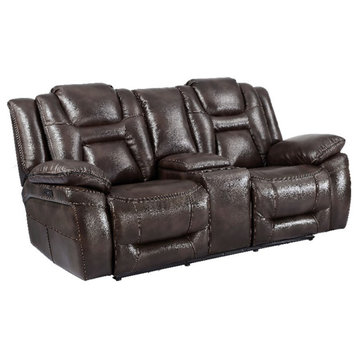 Oportuna Brown Faux Leather Dual Power Console Loveseat