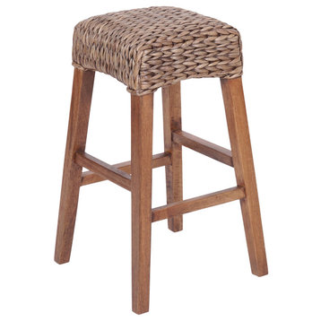 29.5"Rustic Bohemian Hyacinth/Wood Backless BarStool,Brown Woven Seat,Wood Frame