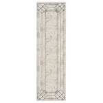 Nourison - Nourison Glitz 2'3" x 7'6" Ivory/Taupe Mid-Century Modern Indoor Area Rug - Transport your living room or bedroom to Hollywood's golden age with this Art Deco rug from the Glitz Collection. The abstract, marble-like pattern is framed by an ornate geometric border in blue and beige, enhanced with a subtly raised texture that adds visual intrigue. Finished with a glamorous sheen that shifts in different light, this contemporary rug is made from softly textured polyester.