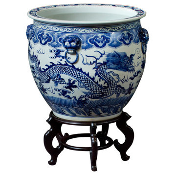 22" Blue and White Porcelain Imperial Dragon Chinese Fishbowl Planter, With Stand