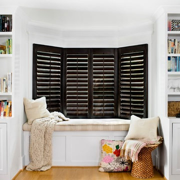 Bay Window Reading Nook | Custom Black Hardwood Shutters