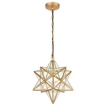 Brass Golden Moravian Star Pendant Light Star Glass Lights, 16", Clear Glass