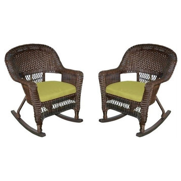 Jeco Rocker Wicker Chair in Espresso with Green Cushion (Set of 2)