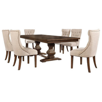 Walnut Wood Dining Set with Extendable Table and Beige Linen Chairs