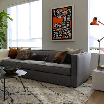 Modern Living Room with Moroccan Shag and Orange Floor Lamp