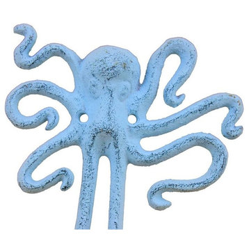 Cast Iron Decorative Wall Mounted Octopus Hook, Rustic Dark Blue Whitewashed, 7"