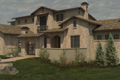 Design ideas for a large mediterranean two-storey beige exterior with mixed siding and a gable roof.