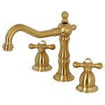 Kingston Brass - Kingston Brass Widespread Bathroom Faucet With Brass Pop-Up, Brushed Brass - The Heritage Widespread Lavatory Faucet will bring elegance and function transforming any bathroom with its traditional styling and quality build. The Victorian style spout features a long 7-1/2" spout reach and 4-1/2" spout clearance. The classic cross handles on this faucet easily control water temperature and volume and choose from several different styles of handles to match any decor. Premier finish will resist corrosion and tarnishing and is available in polished chrome, polished brass, oil rubbed bronze, and satin nickel. Solid brass construction for excellent durability and performance and brass pop-up drain is included.