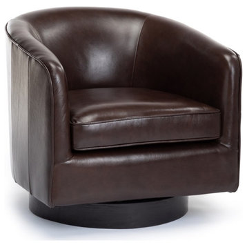 Pemberly Row Top Grain Leather Modern Swivel Chair in Brown Finish