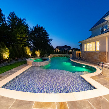 Naperville, IL freeform swimming pool with hot tub, large sunshelf, glass tile