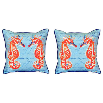 Pair of Betsy Drake Coral Sea Horses Blue Large Pillows 18 Inchx18 Inch