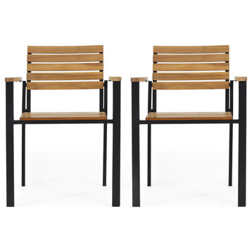 Alberta Outdoor Wood and Iron Dining Chairs, Set of 2, Teak Finish, Black