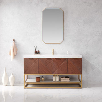 Mahon Bath Vanity, Stone Top, Brushed Gold Base, 60", Single Vanity, With Mirror