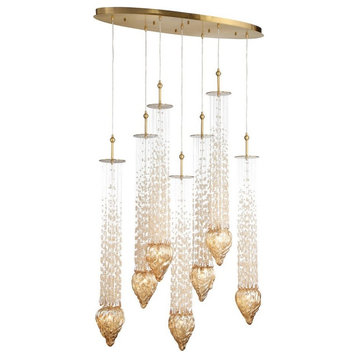 Transitional 7-Light Oval Chandelier Amber Hand-blown Glass/crystal Beading-42