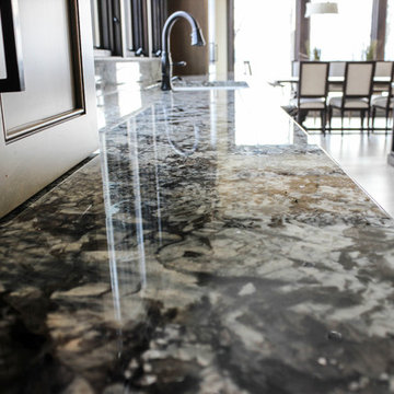 Contemporary Open Kitchen with Gray Granite