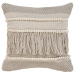LR Home - Beige and Gray Fringed Farmhouse Throw Pillow - The Fringed Farmhouse Throw Pillow adds texture and comfort to any space. Handmade utilizing a variety of weaving techniques, this piece features gray chevron stripes complimented by bobble stripes and bold fringe in a neutral and distinguished color palette. A covered zipper on the back allows for easy removal of the insert for cleaning.
