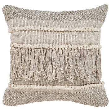 Beige and Gray Fringed Farmhouse Throw Pillow