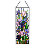 CHLOE Lighting - SORORIA, Tiffany-glass Iris Design Window Panel, 11.5x31.5 - This hand crafted Tiffany-style, iris floral design widow panel with a dark bronze finish will brighten up any room. The beautiful blue, pink and green art glass will add warmth and beauty to any setting. Made from individually hand cut of 265 pieces copper-Foiled stained glass. Includes attached hooks and 28 inches of chain for easy installation.
