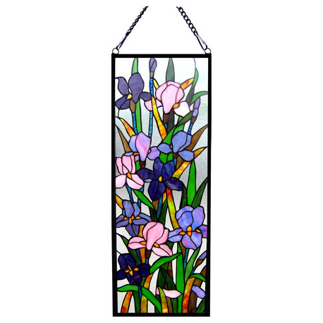 SORORIA, Tiffany-glass Iris Design Window Panel, 11.5x31.5