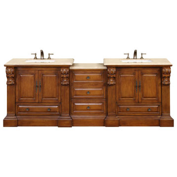95 Inch Double Sink Bathroom Vanity Cabinet, Traditional, Travertine