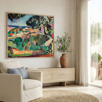 Bright Scandinavian Living Space with Vibrant Art and Natural Textures