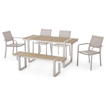 Watts Outdoor 6 Piece Aluminum Dining Set, Natural, Gray, and Silver