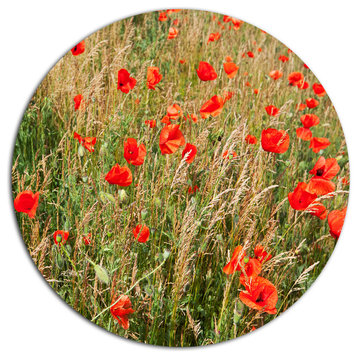 Red Poppy Field With Full Of Flowers, Flower Round Metal Wall Art, 23"