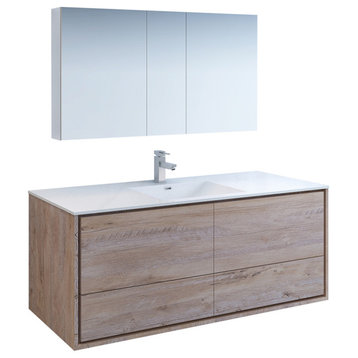 Fresca Catania 60" Natural Wood Wall Hung Single Sink Vanity, Medicine Cabinet