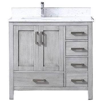 36" Distressed Gray Single Vanity, Marble Top, Sink and No Mirror, Left Version