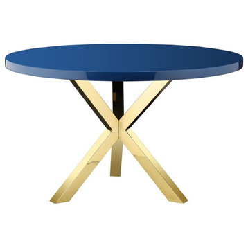 Pangea Home Remi Modern Lacquer & Polished Steel Metal Dining Table in Navy/Gold