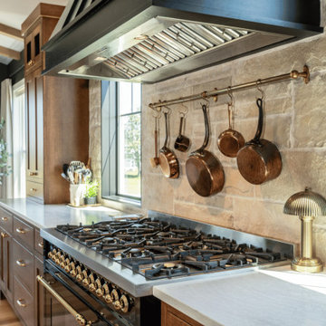 Natural Stone Backsplash Wall with Copper Pot Rail