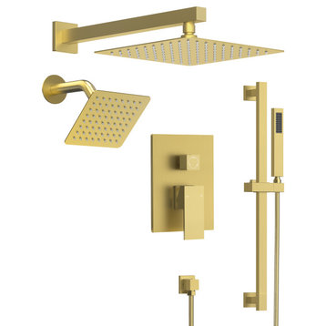 Dual Heads 10"Rain Shower Faucet & 6" Shower System with Handheld Slide Bar, Brushed Gold, 3 Functions