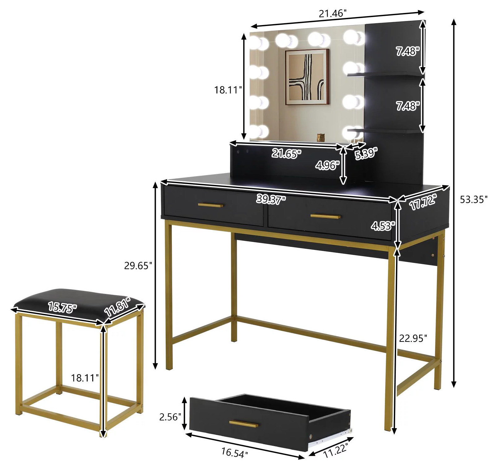 Contemporary Vanity Set, Mirror With LED Lights & Open Shelves, Black