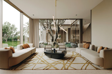Foto de salón minimalista de tamaño medio con paredes beige y suelo beige