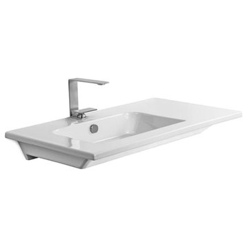 Contemporary Wall Mounted Bathroom Sink, Ceramic Construction With Counter Space