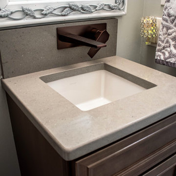 Maple Stained Shaker Wet Bar with Matching Tile in Powder Room