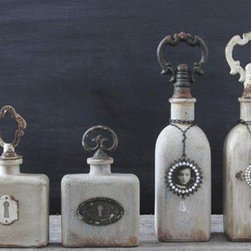 Glass Bottle With Pewter Extras, Set of 2 - Home Decor
