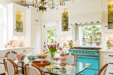 Inspiration for a large eclectic ceramic tile, green floor and wallpaper ceiling eat-in kitchen remodel in Los Angeles with a farmhouse sink, shaker cabinets, quartz countertops, white backsplash, colored appliances and white countertops