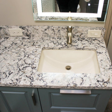 Small Masterbath with Green Cabinetry, Custom Tiled Shower and Storage