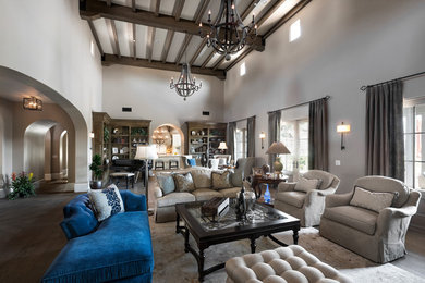 Inspiration for a large mediterranean formal and open concept dark wood floor and brown floor living room remodel in Other with gray walls and no tv