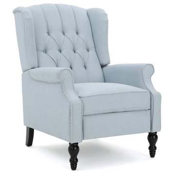 Traditional Recliner Chair, High Back With Diamond Button Tufting, Light Blue
