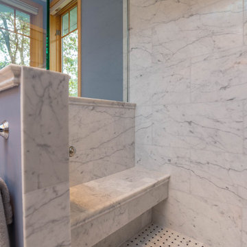 Traditional Carrara Marble Primary Bath Refresh With Maple Vanity