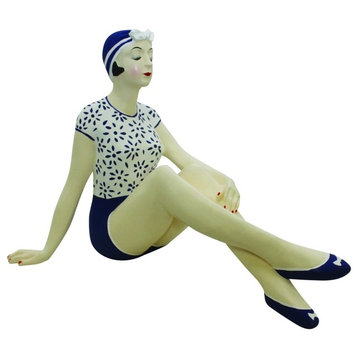 Retro Bathing Beauty Figurine Statue, 1920s Swimsuit Woman Blue White Flowers